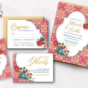 Spanish Tile Wedding Invitation Set: Red Mosaic (Digital Files)