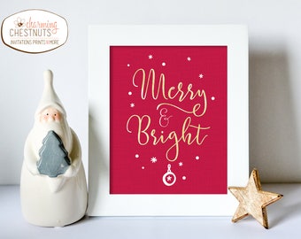 Merry and bright Christmas print, Merry Christmas Print, Red and gold, Christmas card, Merry Christmas sign, CHRISTMAS Decor, Holiday decor,