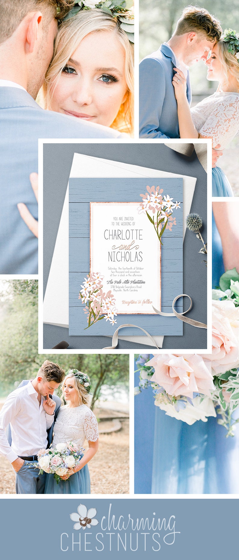 Dusty blue wedding invitation set, Blue wedding, Something blue, rustic wedding invitation, Printable invitation, blush floral wedding image 3