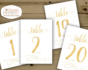 WHITE and GOLD Wedding Table Numbers 1-20, Instant Download, Classic gold, Printable Wedding Table Cards, elegant white and gold, Table Card