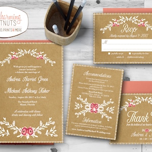 Elegant Barn wedding invitation, Rustic Wedding Invitation Set, Kraft Paper wedding invite, Barn wedding, White ink invitation, Floral wed
