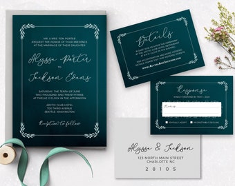 Teal Wedding Invitation Set Printable wedding invitation, Personalized wedding invitation, Blue green wedding invite turquoise Wedding