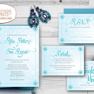Juego de invitaciones de boda de invierno, Winter Wonderland, Invitación de boda imprimible, Invitación de boda de Navidad, azul hielo y plata, copo de nieve