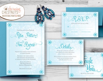 Winter Wedding Invitation Set, Winter Wonderland, Printable wedding invite, Christmas wedding invitation, ice blue and silver, snowflake