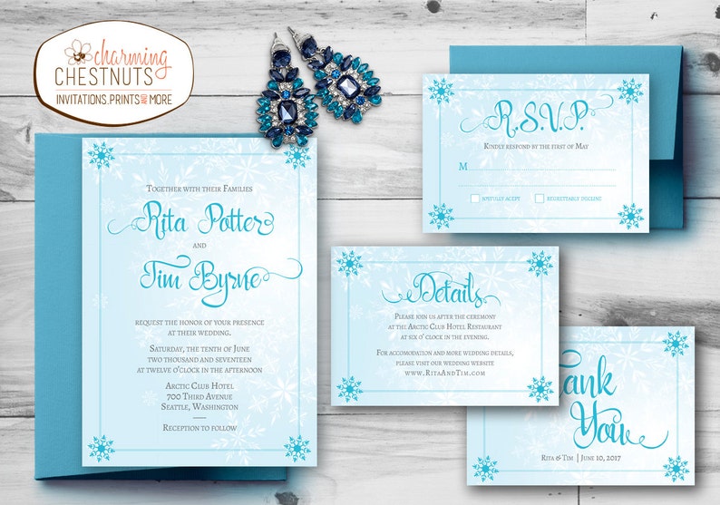 Winter Wedding Invitation Set, Winter Wonderland, Printable wedding invite, Christmas wedding invitation, ice blue and silver, snowflake image 1