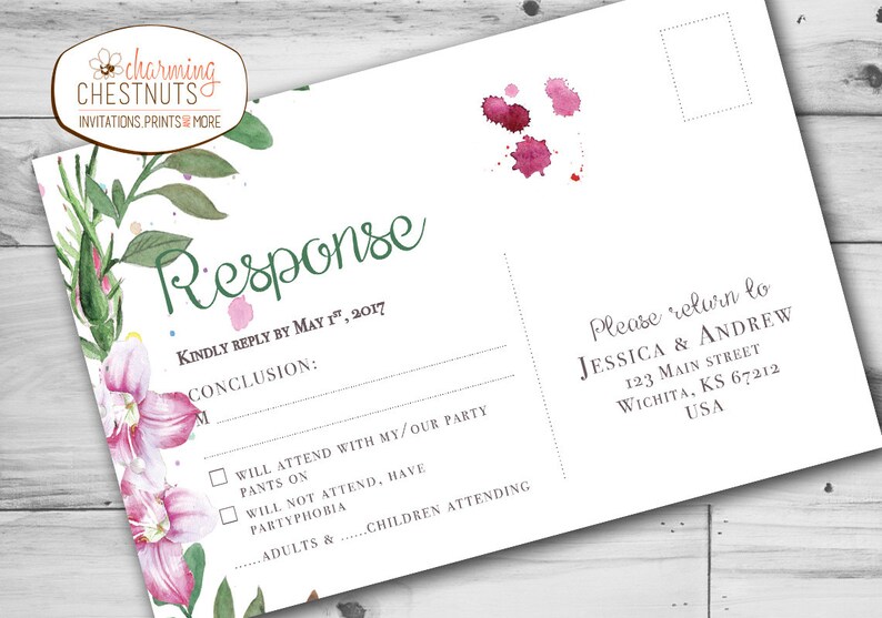 May include: A floral-themed RSVP card with a green and white design. The card has a section for guests to indicate whether they will attend the event, with options for "Will attend with my/our party pants on" and "Will not attend, have partyphobia". The card also includes a section for guests to indicate the number of adults and children attending. The card includes the text "Response" and "Kindly reply by May 1st, 2017". The card also includes a section for the recipient to return the card to Jessica & Andrew at 123 Main Street, Wichita, KS 67212, USA.