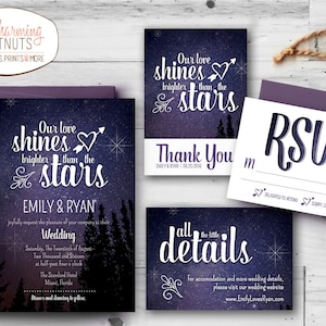 Ensemble d’invitation de mariage de nuit étoilée, invitation de mariage imprimable, invitation de mariage personnalisée, notre amour est brillant, étoiles, violet
