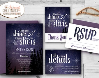 Starry Night Wedding Invitation Set, Printable wedding invitation, Personalized wedding invitation, our love is bright, Stars, Purple