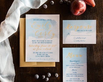 Blue watercolor wedding invitation set, watercolor invitation Blue and gold invitation, Destination wedding invitation, blue gold wedding
