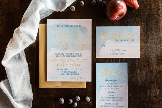 Blue watercolor wedding invitation set, watercolor invitation Blue and gold invitation, Destination wedding invitation, blue gold wedding
