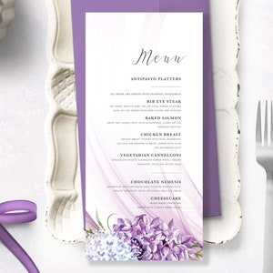 Menú de boda lila, menú de boda imprimible, menú imprimible diy, decoración de mesa, boda caprichosa, menú púrpura, tarjeta de menú de boda, menú floral