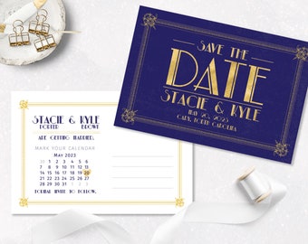 Art Deco Save the Date Postcard: Navy and Gold (Digital Download)