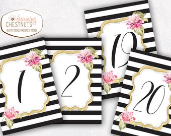 Elegant Black Stripe Wedding Table Numbers with Pink Flowers (Printable)