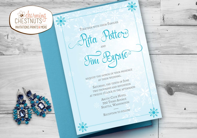 Winter Wedding Invitation Set, Winter Wonderland, Printable wedding invite, Christmas wedding invitation, ice blue and silver, snowflake image 2