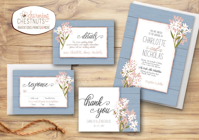 Dusty blue wedding invitation set, Blue wedding, Something blue, rustic wedding invitation, Printable invitation, blush floral wedding image 4