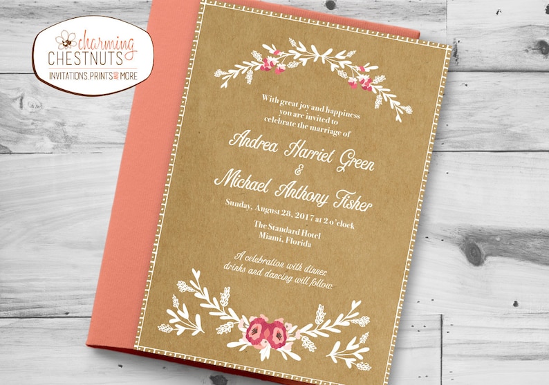 White ink invitation Elegant Barn wedding invitation Barn wedding Floral wed Rustic Wedding Invitation Set Kraft Paper wedding invite
