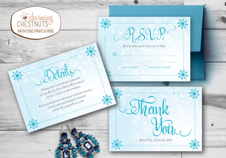 Winter Wedding Invitation Set, Winter Wonderland, Printable wedding invite, Christmas wedding invitation, ice blue and silver, snowflake image 3