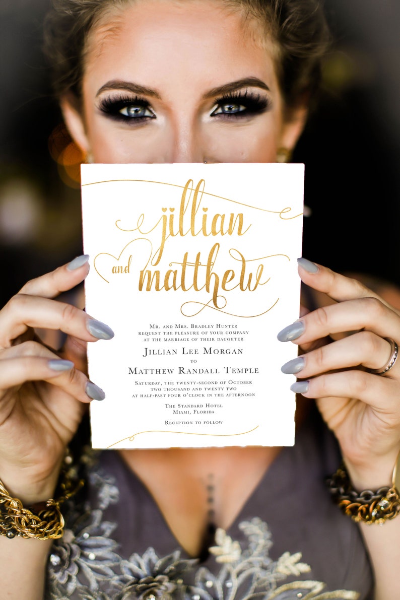 WHITE and GOLD Wedding Invitations Set, Classic gold, Printable wedding invite, Personalized wedding invitation, elegant gold and white image 2