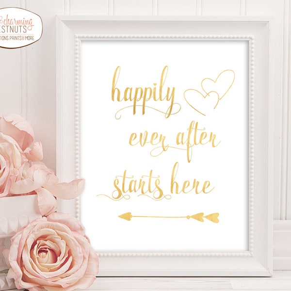 Happily Ever After Starts Here, Gold wedding sign, DIY wedding, Printable wedding sign, printable wedding, Gold Script sign, Elegant gold