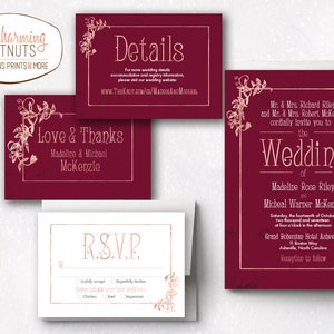 Rose Gold wedding Invitation Set, Maroon Wedding, Art Nouveau Wedding Invitation, Elegant wedding, Burgundy wedding, Printable rose gold