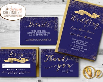 Navy and gold Wedding Invitation Suite gold Printed Invitation, navy Printable wedding invite elegant gold and navy