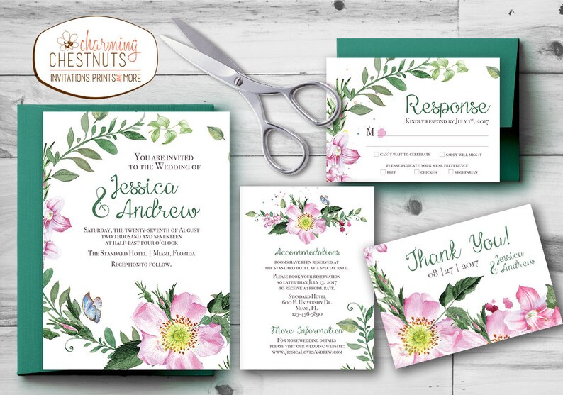 May include: Wedding invitation suite with a floral theme. The invitation features a watercolor illustration of pink flowers and green leaves. The text reads "You are invited to the wedding of Jessica & Andrew". The RSVP card has a floral design and the text "Response". The accommodation card has a floral design and the text "Accommodation". The thank you card has a floral design and the text "Thank You! 08 | 27 | 2017 Jessica & Andrew".