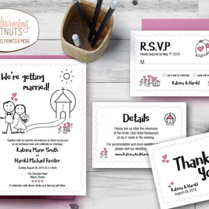Juego de invitación de boda de dibujos animados, boda de figura de palo, invitación de boda imprimible, invitación de boda personalizada, boda negra y rosa