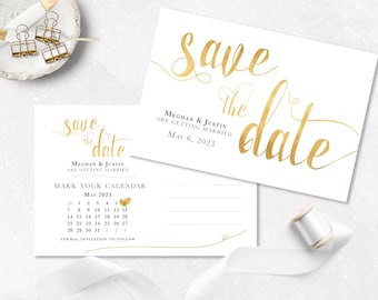 Gold Save the Date digital Postcard with calendar, DIY wedding stationery printable wedding card, postcard save the date, gold wedding