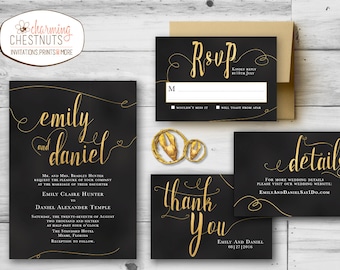 BLACK and GOLD Wedding Invitation Set, Printable wedding invitation, Personalized wedding invitation, Classic gold, elegant black and gold