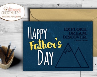 Printable Father's Day Card - Explore Dream Discover, Instant Download, fathers day, Mark Twain quote, Adventure Dad, diy Greeting