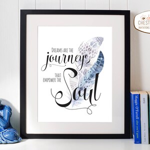 Dream quote, Printable quote, Dreams are the journeys that empower the soul, boho dreamcatcher, feather quote print, watercolor print