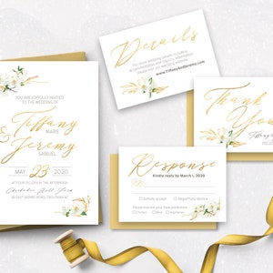 Ensemble d’invitations de mariage en or floral, or classique, invitation de mariage imprimable, invitation de mariage personnalisée, or élégant et floral