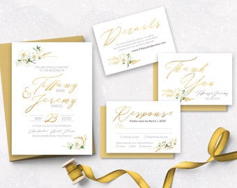 Floral Gold Wedding Invitations Set, Classic gold, Printable wedding invite, Personalized wedding invitation,  elegant gold and floral