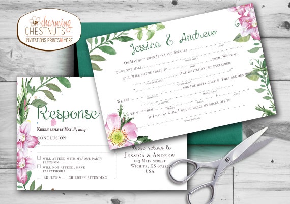 Madlib RSVP Postcard, Floral wedding madlib, funny wedding, madlib rsvp, printable postcard, RSVP postcard, Mad lib RSVP, Spring wedding