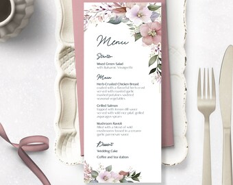 Dusty Rose Floral Wedding Menu Card (Printable)