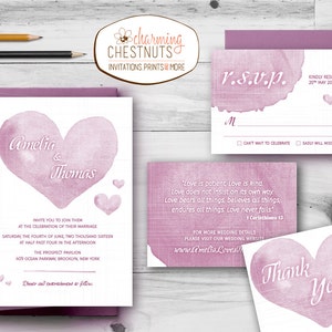 Conjunto de convite de casamento em aquarela rosa, convite de casamento romântico, convite de casamento para impressão, convite de coração rosa, coração aquarela