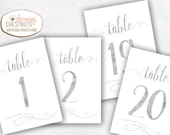 Silver Wedding Table Numbers 1-20: DIY Printable Decor (PDF)