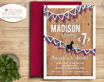 HORSE BIRTHDAY INVITATION, Printable Invitation, Digital birthday invitation, Pony party invite, blue and red cowboy, Cowgirl party, Cowboy