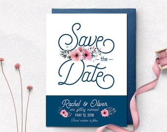 Navy Floral Save the Date Card: Blush Wedding (Printable)