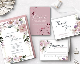 Dusty Rose Floral Wedding Invitation Suite: Whimsical Script (Digital Files)
