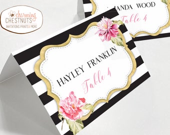 Wedding Place cards, Black stripe place card, Spade inspired, escort cards, Bridal shower, black and pink bridal shower, printable