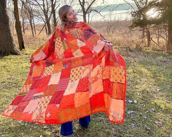 Tangerine Skies With My Sweet Sugar Pie Orange Patchwork Quilt Coat