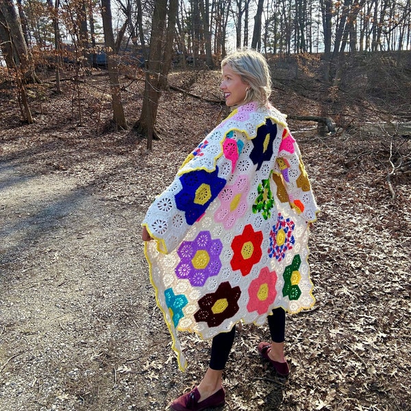 Grandmothers Garden Rainbow Hexagon Crochet Blanket Jacket