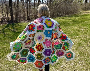 Gorgeous Rainbow Hexagon Flowers Asymmetrical Quilt Coat