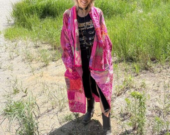 Hot Pink Silky Long Patchwork Quilt Coat