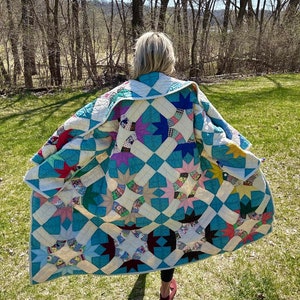 Stunning Blue Antique Cathedral Star Long Quilt Coat