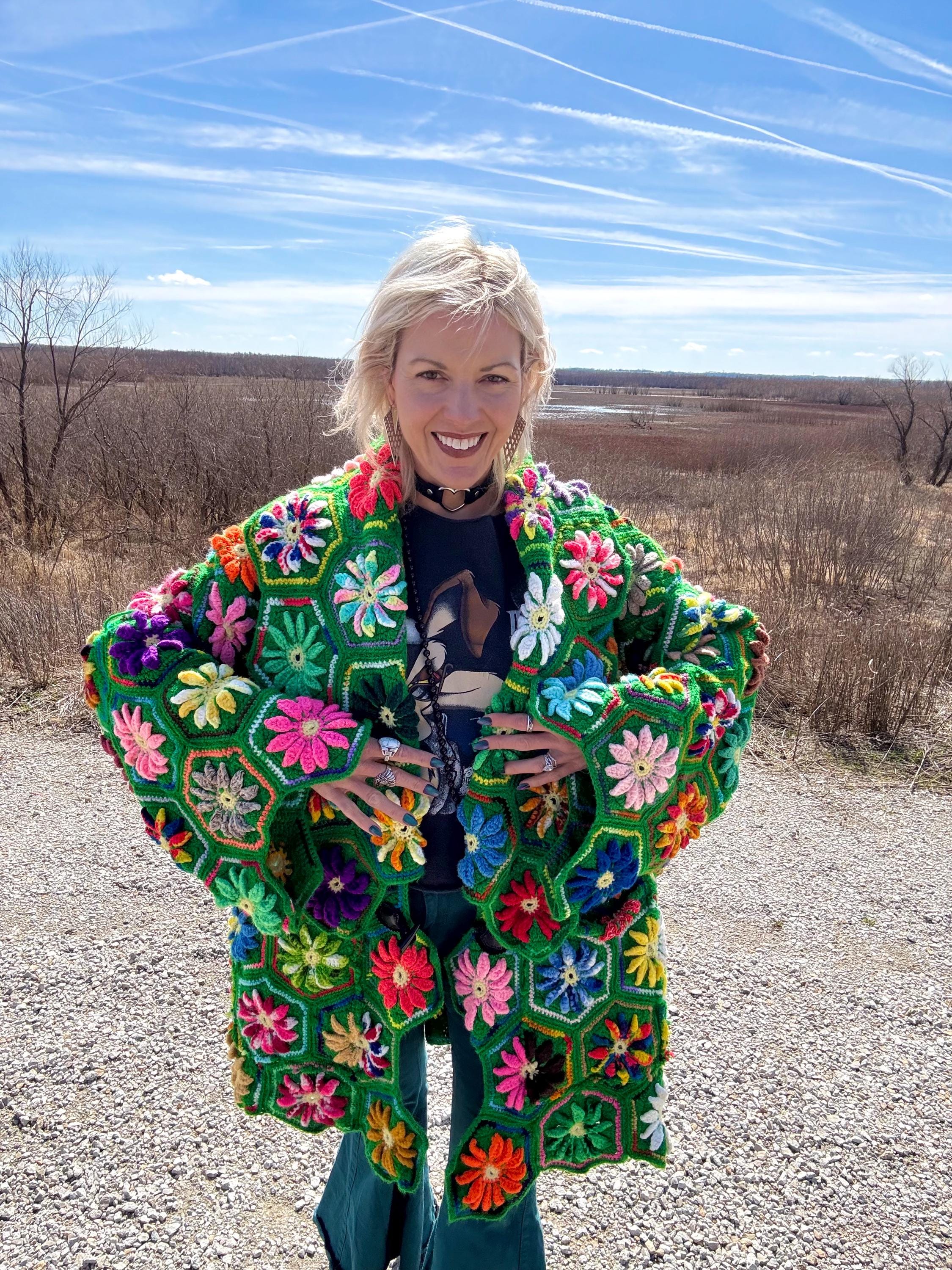 Flower Power Psychedelic 60s 3D Heavy Crochet Sweater Coat