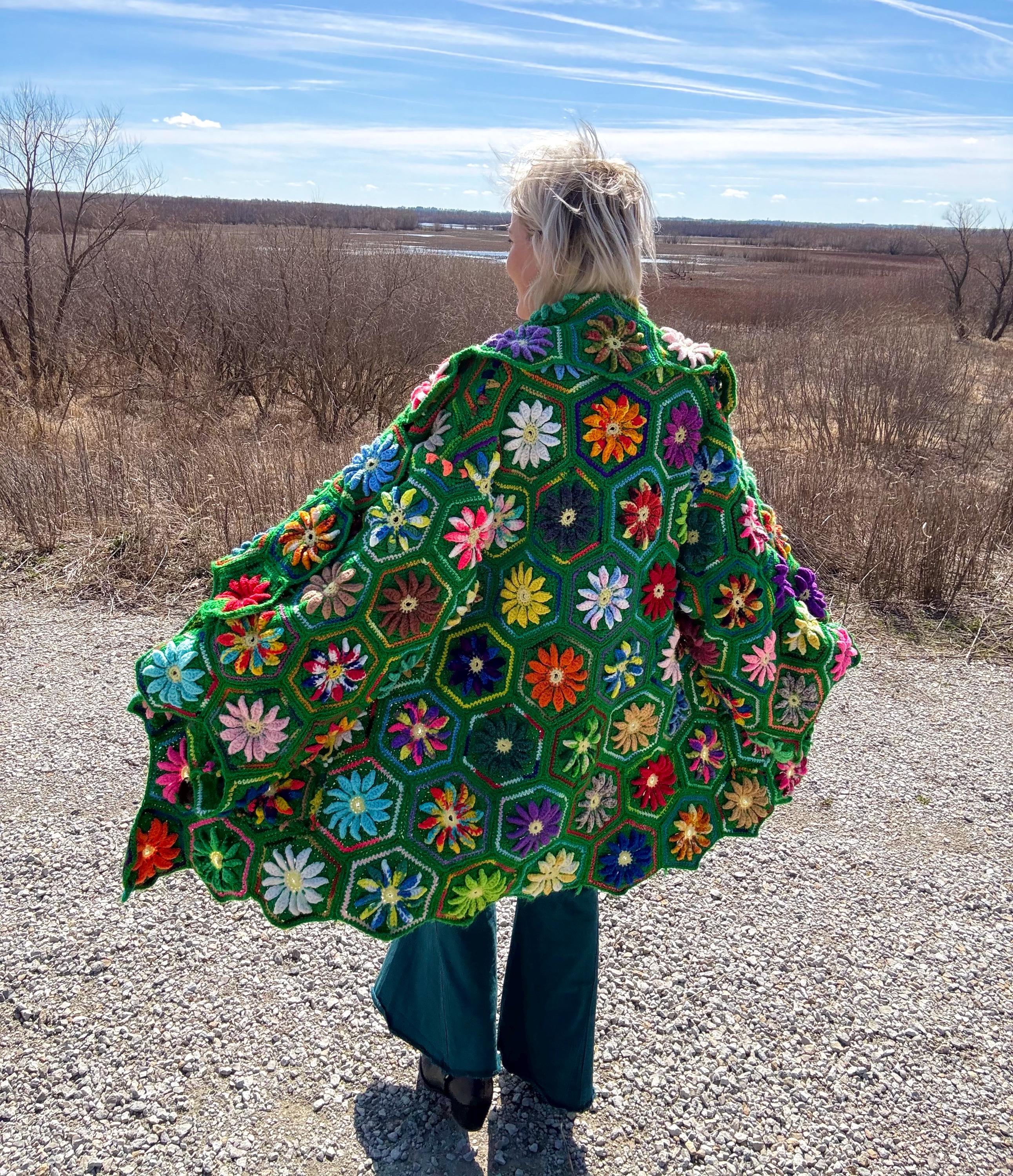 Flower Power Psychedelic 60s 3D Heavy Crochet Sweater Coat