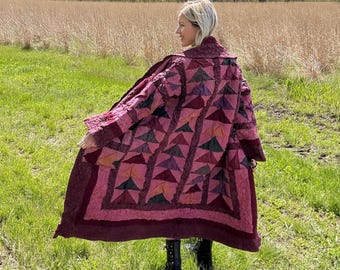 Marvelous Merlot Crinkle Patchwork Quilt Jacket
