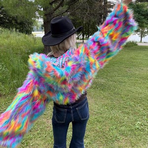 Rainbow Rave Barbie Cropped Faux Fur Jacket
